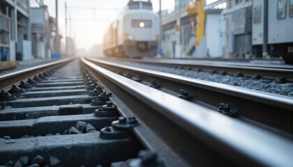 Fototapeta premium Close-up view of parallel railway tracks in bright industrial setting. Metal rails with fasteners lead towards blurred background with train, buildings. Focus on track infrastructure, emphasizing