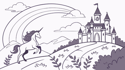 Naklejka premium a unicorn runs on a hill towards a castle with a rainbow in the sky.