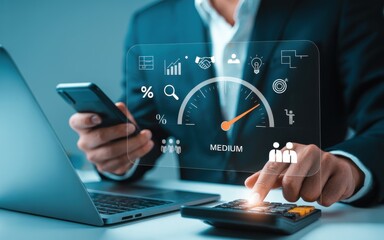 Business analytics dashboard showing performance metrics with a speedometer indicating a medium level