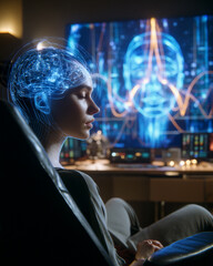 Woman with brain scan overlay in dark room chair