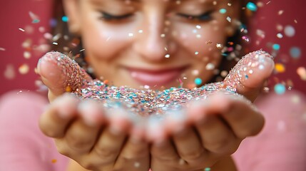 Woman releasing colorful confetti
