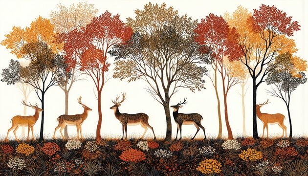 Gond art illustration features graceful deer amidst vibrant trees in rich earthy tones. Delicate flora, fauna details on white background. Decorative woodland scene, suitable for cards, wallpapers,