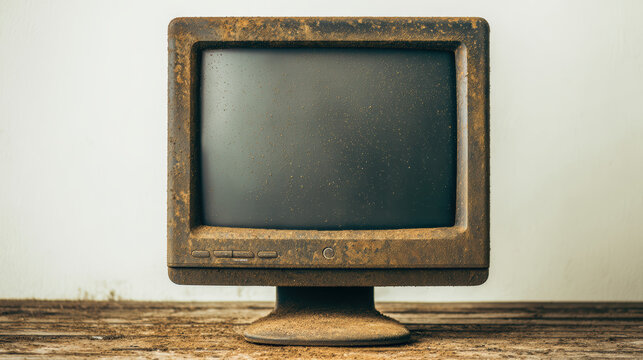 A rusty, old computer monitor sits on a wooden surface against a plain wall, showing signs of age and neglect.