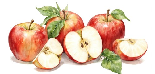 Realistic watercolor illustration displays fresh red, yellow apples, whole, sliced, with vibrant green leaves on clean white background. Artwork captures natural beauty, juicy texture of fruit,