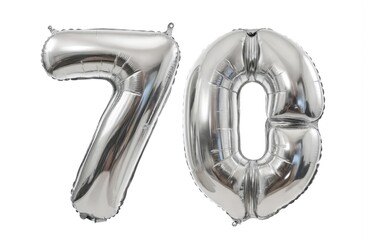 Shiny silver foil balloons shaped like numbers 7, 0 celebrate 70th birthday. Metallic decorations sparkle for milestone anniversary. Use for party, jubilee, special occasion, event themes. Clean