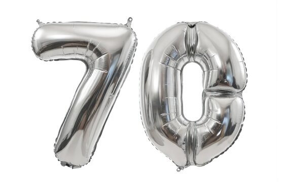 Shiny silver foil balloons shaped like numbers 7, 0 celebrate 70th birthday. Metallic decorations sparkle for milestone anniversary. Use for party, jubilee, special occasion, event themes. Clean