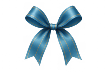 Elegant light blue bow with golden stripes, isolated on transparent background, perfect for gift wrapping and decoration