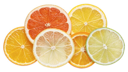 Fototapeta premium Assortment of citrus fruit slices including grapefruit lemon and orange isolated on transparent background