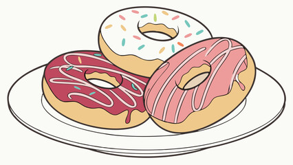 Assorted cartoon donuts on a plate with colorful icing and sprinkles illustration