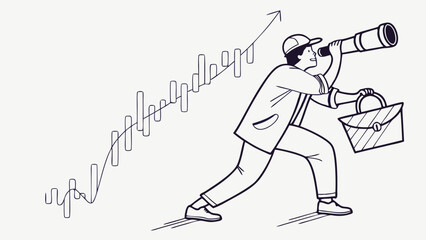 Strategic Business Vision: Man with Telescope Analyzing Future Market Trends and Growth Graph