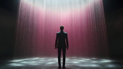 Man in suit facing a vibrant, rain-like light display