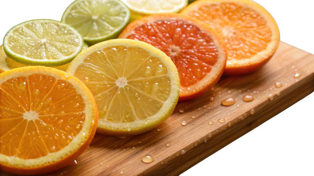 Assortment of freshly sliced citrus fruits including oranges lemons limes and grapefruit isolated on transparent background - Powered by Adobe