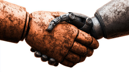 Two robotic hands, one rusted and one metallic, firmly shaking hands symbolizing collaboration between old and new technology.