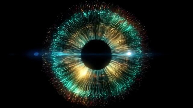 Futuristic artificial cyber eye illuminated with glowing neural circuits and radiant fiber optic light rings, resembling advanced biometric scanning or high-tech digital surveillance technology system