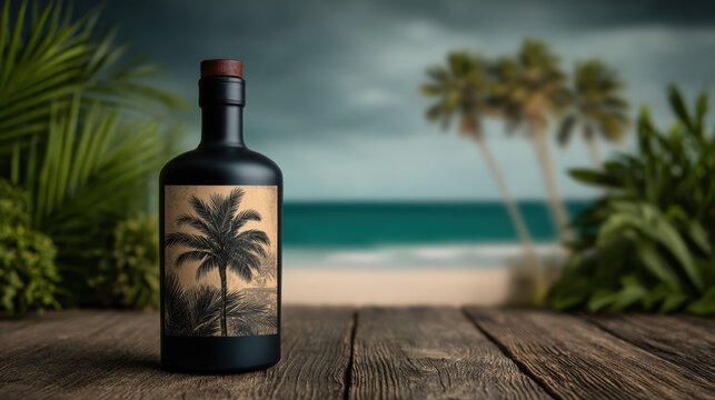A dark bottle with a palm tree illustration stands on a wooden surface, with a blurred tropical beach and palm trees in the background. - Powered by Adobe