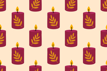 Seamless pattern with dark red autumn candles with leaf decor