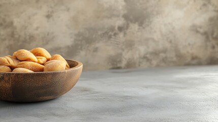 Wooden bowl of pasta on a gray surface