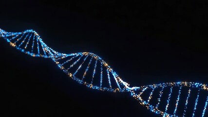 Shimmering double-helix DNA strand composed of glowing blue and gold particles on a dark background illustrates molecular biology, genetic code, biotechnology research, futuristic scientific discovery - Powered by Adobe