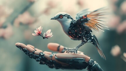 Robotic bird standing on a robotic hand holding a flower