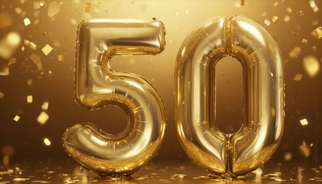 Golden number 50 balloons float in sparkling confetti, serpentine. Celebratory arrangement marks 50th anniversary milestone. Ideal for birthdays, weddings, corporate events, conveying luxury,