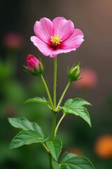 Musk mallow plant showing leaves, flowers, and mature seed pods against blurred background, vegetation, spice plant