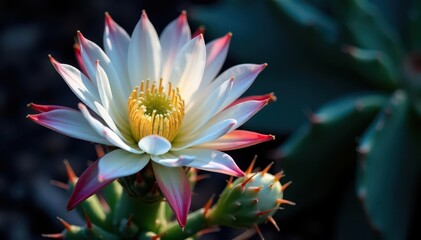 Night-blooming Echinopsis cactus flower, vibrant white petals, delicate stamens , botany, closeup