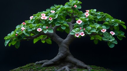 Miniature bonsai tree with pink flowers