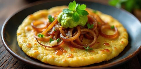 Savory uttapam topped with caramelized onions and zesty green coconut chutney, sambhar, colorful