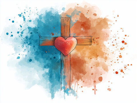 Artistic watercolor illustration of wooden cross adorned with red heart surrounded by flowing blue and orange paint creating spiritual abstract artwork with copy space for messages