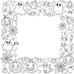 Obraz premium Whimsical halloween border design featuring cute ghosts smiling jack o lanterns black cats bats and spooky candy elements in a playful doodle style