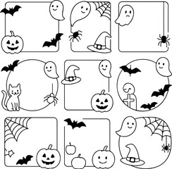 Collection of charming hand drawn halloween corner elements featuring cute ghosts smiling pumpkins bats spiders witch hats and cobwebs for festive design