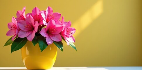 Vibrant pink azalea blossoms in cheerful yellow pot, flowers, home decor
