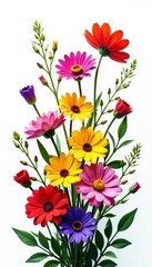 Vibrant cluster of wildflowers, various colors, pristine white background , image, stems