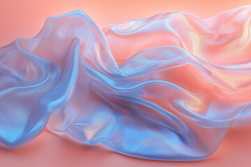 Fototapeta premium Abstract wavy synthetic fabric in pink and blue tones, softly draped on pastel background. Close-up of glossy translucent textile with light reflection