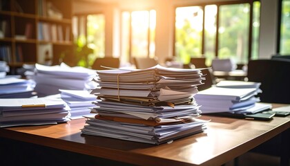 Stacks of papers on a desk in an office