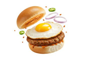 Delicious breakfast burger with sunny side up egg, jalapeños and red onion, a modern tasty indulgence, perfect for brunch menus and food photography