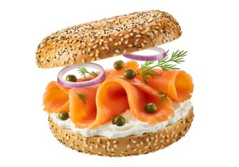 Delicious lox bagel with cream cheese, capers, and red onion, a breakfast treat, ready to eat, a modern gourmet creation