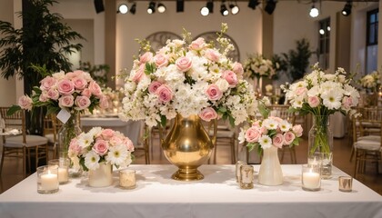 Elegant floral arrangement with pink roses, white hydrangeas in gold vase, featuring candles on table. Luxury wedding decor display at event expo, signifying upscale celebrations, romantic ambiance.