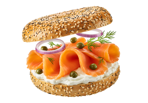 Delicious lox bagel with cream cheese, capers, and red onion, a breakfast treat, ready to eat, a modern gourmet creation