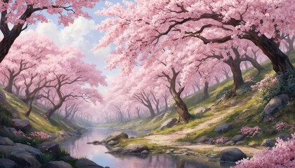 Spring cherry blossom landscape. Pink flowers bloom on trees lining a tranquil stream with rocky banks. Blue skies with clouds above. Japanese springtime scene, fresh grass, path.