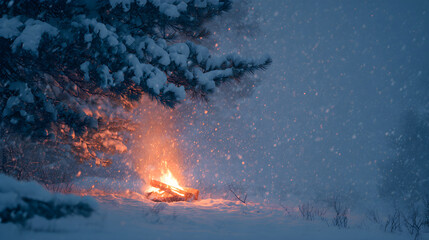 Beacon of Warmth: A Campfire's Resilience Under a Snowy Pine in a Storm