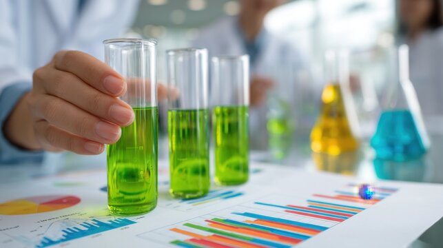 Laboratory technicians in lab coats examine samples of green methanol in glass vials, with colorful charts and graphs displayed in the background, suggesting scientific data analysis