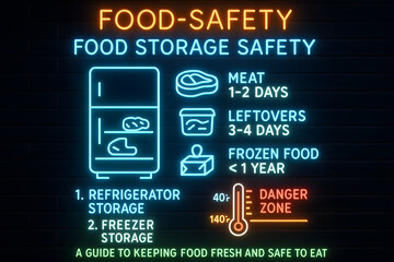 Obraz premium Food Storage Safety Guide Infographic for Kitchen Hygiene and Food Preservation
