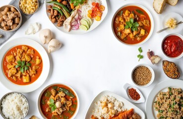 Assortment of Thai dishes with curry, rice, spices presented on white background. Includes hearty meat tofu curries, fluffy rice, chili, herbs, fresh ingredients. Vibrant culinary display offers