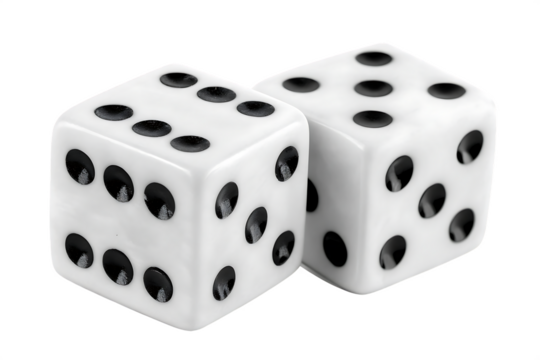 two dices with black dots cut out isolated on white background, png, ai generated.