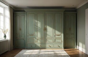 Elegant vintage master bedroom features L-shaped wardrobe in soft green with gold accents. Ample storage with multiple doors, drawers. Natural light streams through large window, illuminating