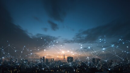 Abstract city skyline silhouette with glowing connection nodes against a blue gradient backdrop