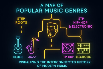 Music Genres Evolution Infographic with Historical Development for Music Studies