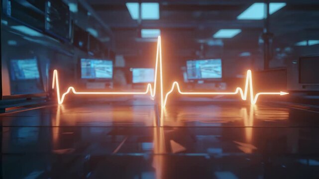 Bright electrocardiogram waveform glowing orange in high-tech control room, representing digital healthcare, medical technology, heart monitoring systems, and futuristic data-driven health diagnostics