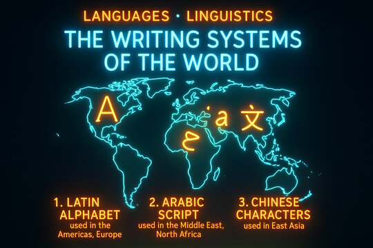 World Writing Systems Infographic with Scripts and Origins for Linguistic Study